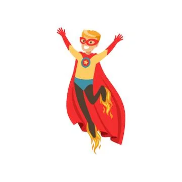 Superhero boy character dressed as a super hero flying with rocket shoes cartoon Stock Illustration