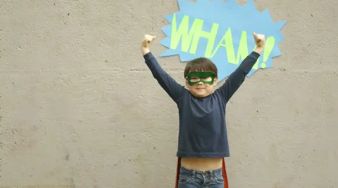 Superhero Boy Flexes Muscles Stock Footage 32281789