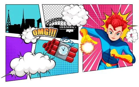Superhero Boy Stops Bomb in Comic Book Style Stock Illustration