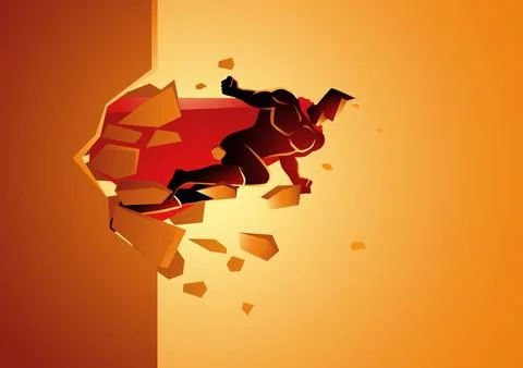 Superhero break through concrete wall Stock Illustration