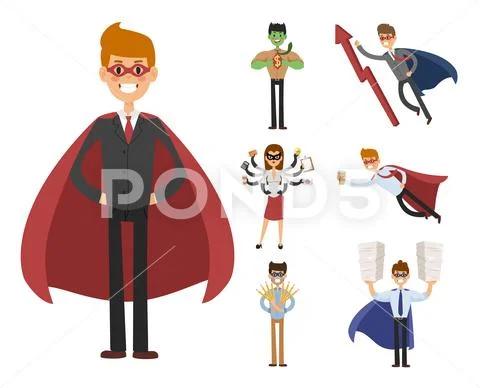 Superhero business man woman vector illustration set character success cartoon Stock Illustration