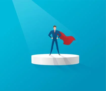 Superhero businessman standing on a platform elevation illuminated by light Stock Illustration