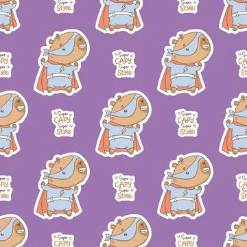 Superhero Capybara Seamless pattern. Cute cartoon kawaii animal character on Stock Illustration