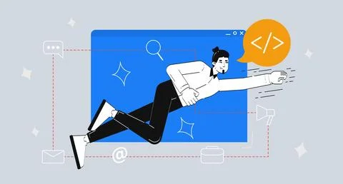 Superhero coder flying out browser window 2D illustration concept 스톡 일러스트