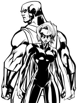Superhero Couple Back to Back Line Art Stockillustratie