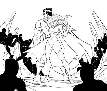 Superhero Couple Back to Back Line Art Stockillustratie