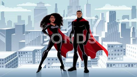 Superhero Couple Black City Winter Stock Illustration