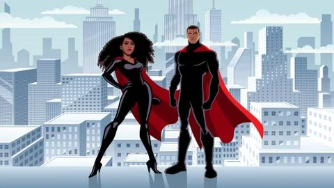 Superhero Couple Black City Winter Stock Illustration