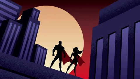 Superhero Couple City Night Animation Stock Footage