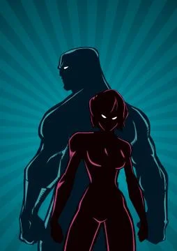 Superhero Couple Ray Light Vertical Silhouette Stockillustratie