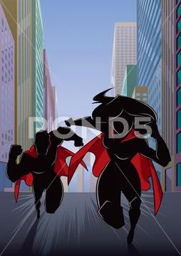 Superhero Couple Running Heroine Leads Silhouette Stock Illustration