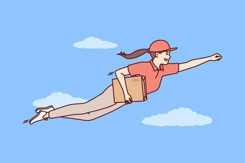 Superhero courier is flying in sky with parcel for customers and is in hurry to 스톡 일러스트
