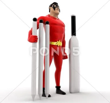 Superhero with cricket bat , stumbs and ball concept ~ Clip Art #56046047