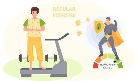 Superhero demonstrates high level of immunity. Woman is standing on treadmill Stock Illustration