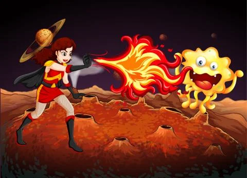 Superhero fighting alien on planet Stock Illustration