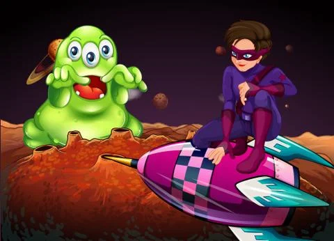 Superhero fighting alien on red planet Stock Illustration