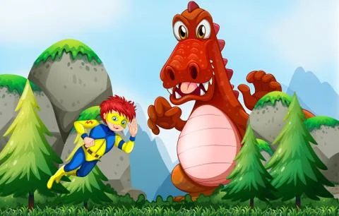 Superhero fighting dragon in the field Stock Illustration