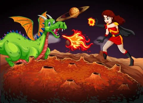 Superhero fighting dragon on red planet Stock Illustration