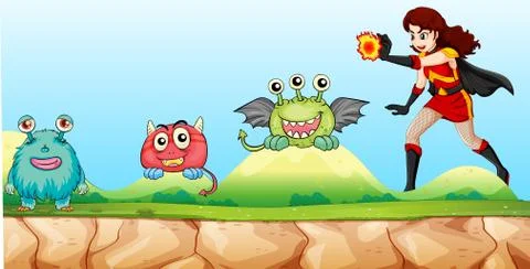 Superhero fighting monsters in the park Stock Illustration