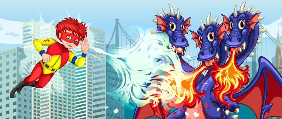 Superhero fighting three headed dragon in city Stock Illustration