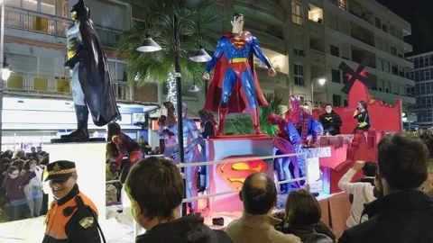 Superhero Float in Three Kings Day Night Parade in Spain Stock Footage 327526193