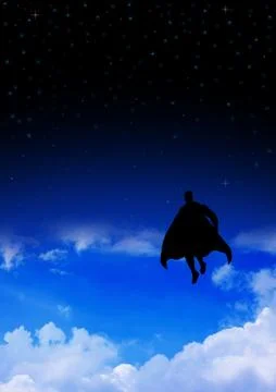 Superhero flying on clouds Stock Photos