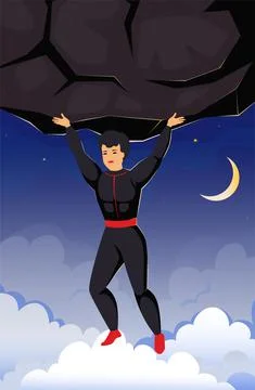 Superhero flying with rock. Super comic cartoon hero in cape holding huge stone Ilustração Stock