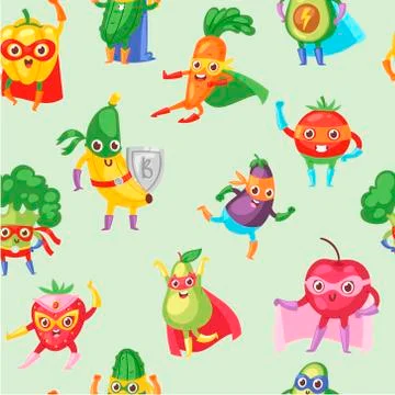 Superhero fruit and vegetables vector seamless pattern. Cute banana, eggplant Illustrazione stock