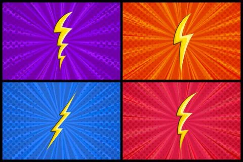 Superhero halftoned background with lightning. Set of colored comic designs with Stock Illustration
