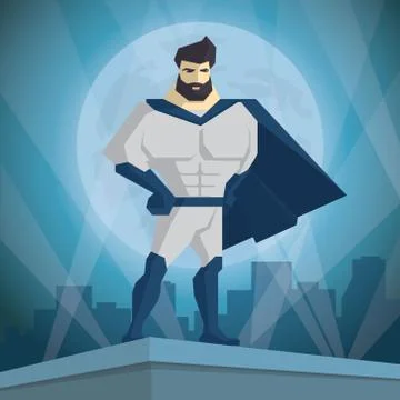 Superhero. Hero on the background of the night city. Stock Illustration