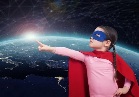 Superhero kid against the Earth. 3D rendering elements of this image furnished Фото