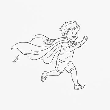 Superhero kid running with cape flying, black and white illustration Silhouet Stock Illustration