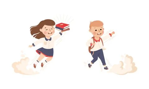 Superhero Kid at School Flying Forward Achieving Goal and Gaining Knowledge Stock Illustration