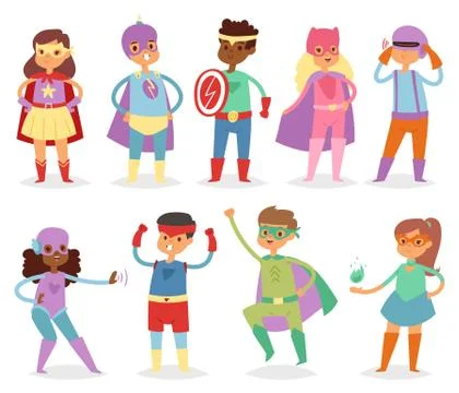 Superhero kids vector super hero child or kid in mask cartoon character of girl Stock Illustration