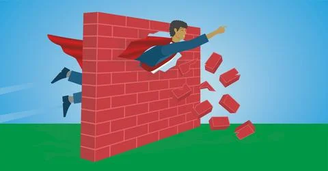 Superhero man breaking through wall. Vector illustration. Stockillustratie