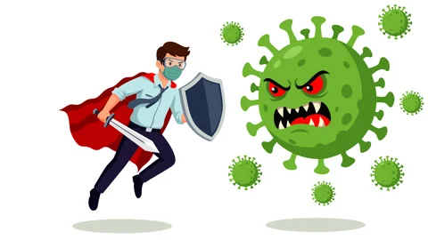 Superhero Man Fighting Deadly Virus With Shield and Sword Animation 動画素材 334936424