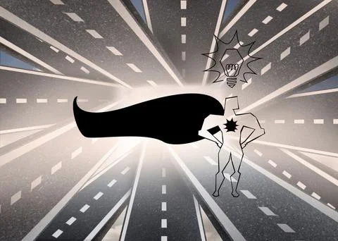 Superhero over streets in background Ilustração Stock