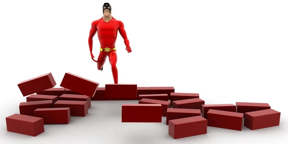 Superhero passing through bricks and  scattering it concept Stock Illustration