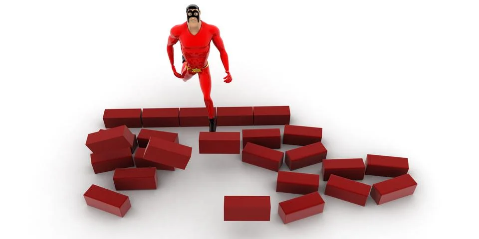 Superhero passing through bricks and  scattering it concept Illustrazione stock