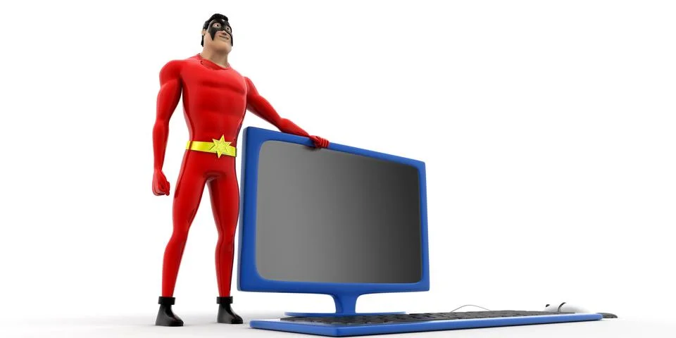 Superhero with personal computer concept Stock Illustration