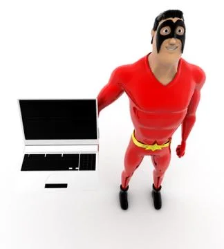 Superhero present work on laptop concept Stock Illustration