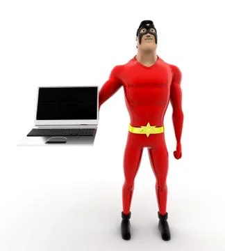 Superhero present work on laptop concept Stock Illustration