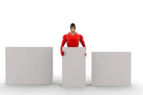 Superhero presenting 3 plain boxes concept Stock Illustration
