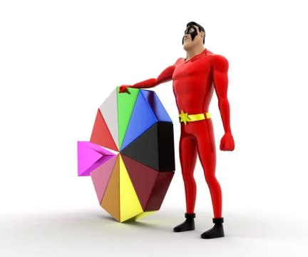 Superhero presenting colourful pie chart concept Stock Illustration