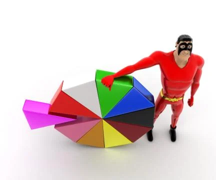 Superhero presenting colourful pie chart concept Stock Illustration