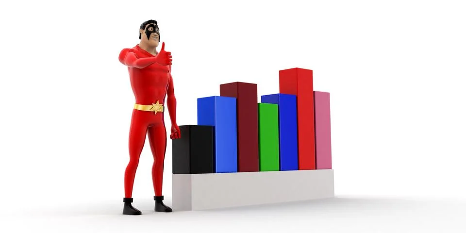 Superhero with progress charts concept Stock Illustration