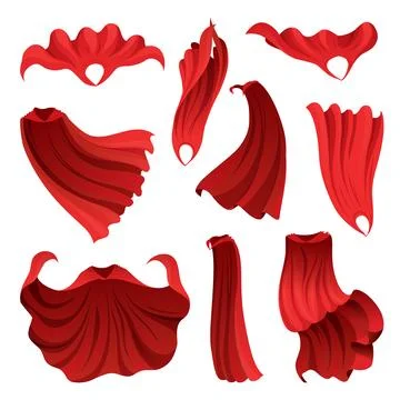 Superhero red cape in different positions, front and side view. Scarlet fabric Stock Illustration
