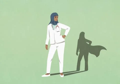 Superhero shadow on green background behind confident Muslim female doctor in Stock Illustration