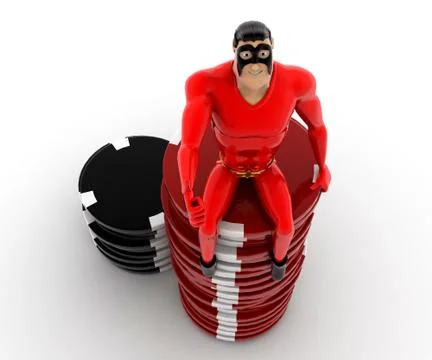 Superhero sitting on stack of red and black dices concept Stock Illustration