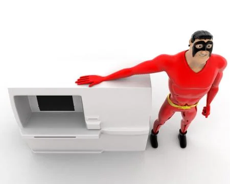 Superhero standing with ATM machine concept Stock Illustration